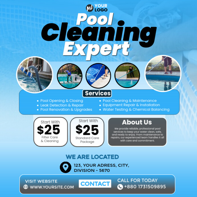Blue Maximalist Pool Cleaning Services Instagram Post Template ...