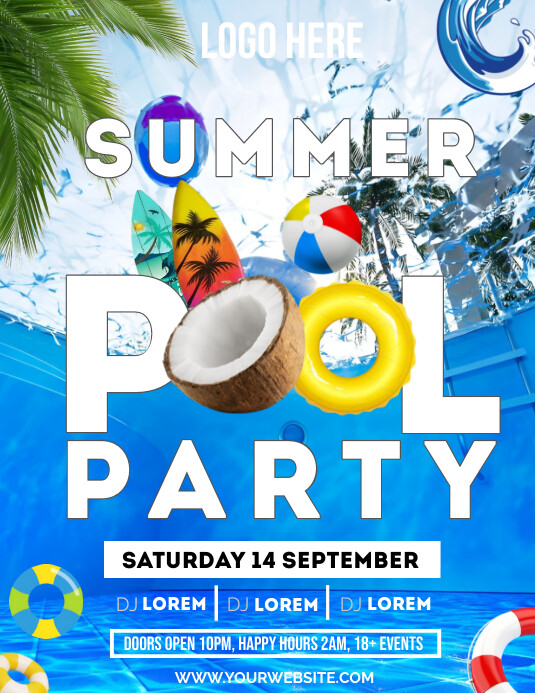 Blue Maximalist Pool Party Flyer (us Letter) template