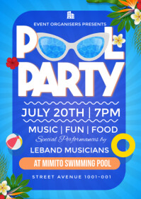 Blue Maximalist Pool Party Flyer  A3 template