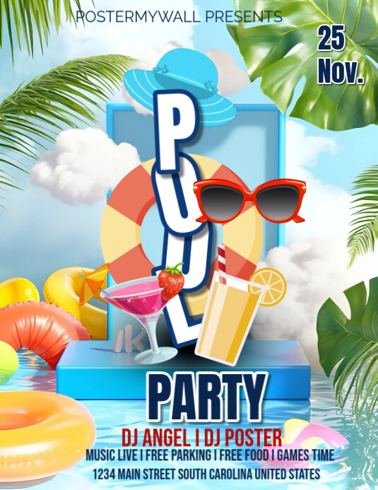 Blue Maximalist Pool Party Flyer Templates  Flyer (us Letter)