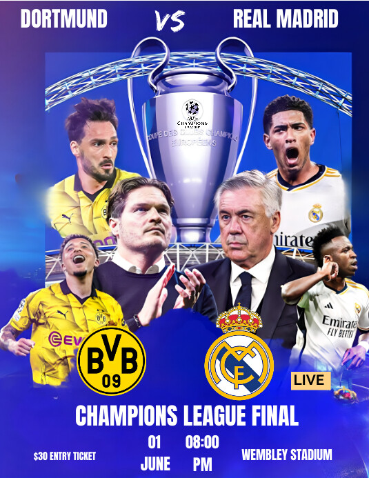 Blue Maximalist Real Madrid Vs Dortmund Flye Template | PosterMyWall