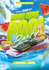 Blue Maximalist Summer Pool Party Editable Flyer A3 template