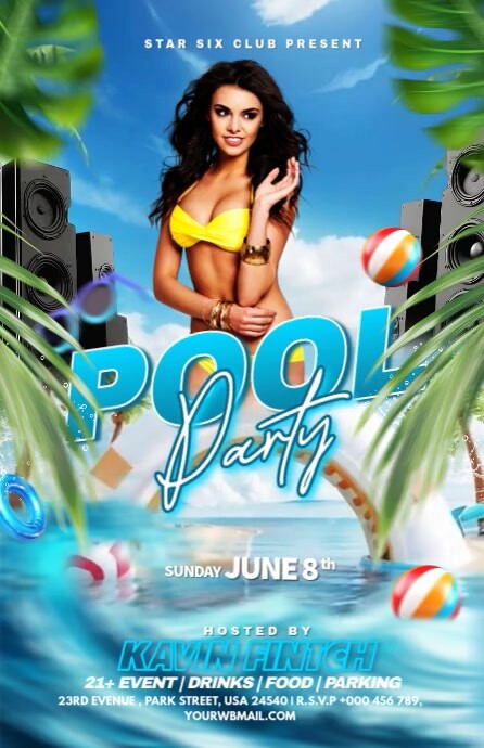 Blue Maximalist Summer Pool Party Invitation Tabloid template