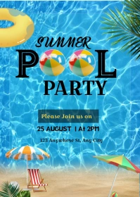 Blue Maximalist Summer Pool Party Invite  A6 template
