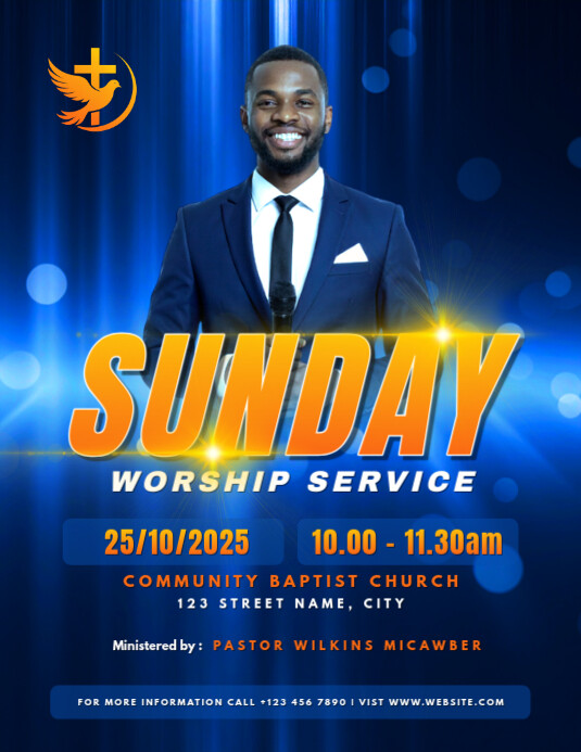 Blue Maximalist Sunday Worship Flyer (us Letter) Pamflet (VSA Brief) template