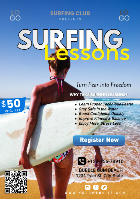 Blue Maximalist Surfing Lessons A4 Template | PosterMyWall