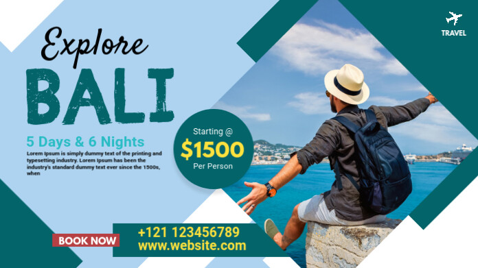 Blue Maximalist Travel Banner Ad Twitter Post Wpis na Twittera template