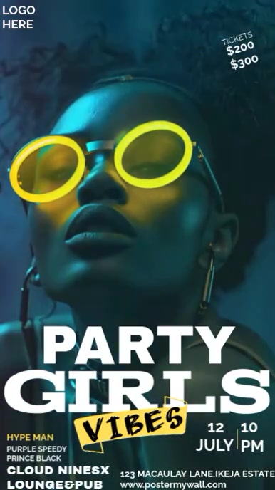 Blue Maximalist Yellow Black And White Party Girls Invitation Design Template Video  Digital Display Digitale Vertoning (9:16)