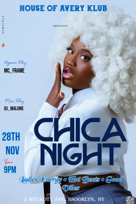 Blue Modern & Minimal A Bright, Modern, And Feminine Promotional Flyer For A "chica Night" Event Pos Poster template