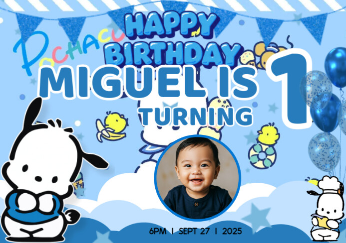 Blue Modern & Minimal Blue Pochacco 1st Birthday Invitation A5 template