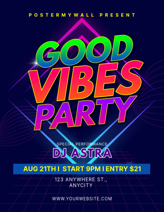 Blue Modern & Minimal Good Vibes Party Pamflet (letter As) Løbeseddel (US Letter) template