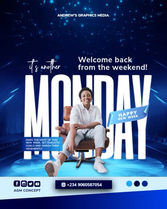 Blue Modern & Minimal Hello Monday Happy New Week Template  Instagram Portrait
