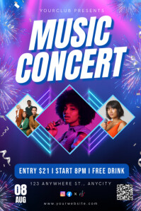 Blue Modern & Minimal Music Concert Poster Póster template