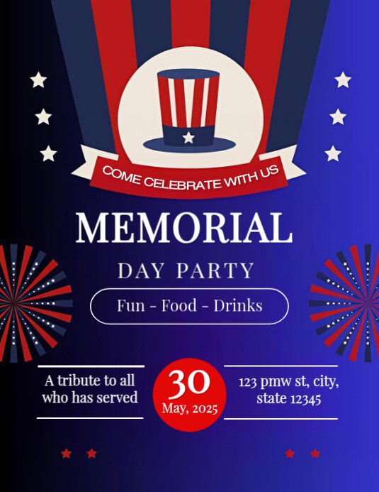 Blue Modern & Minimal Patriotic Memorial Day Party Flyer | Red, White ...