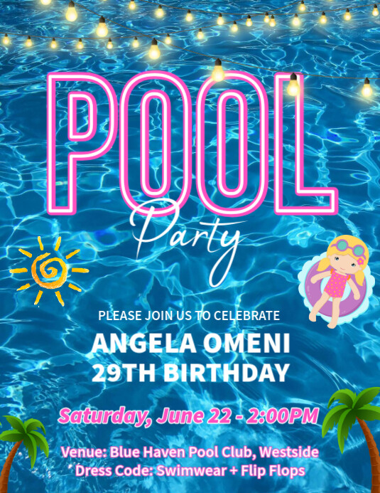 Blue Modern & Minimal Pool Party Invitation Flyer (us Letter) template