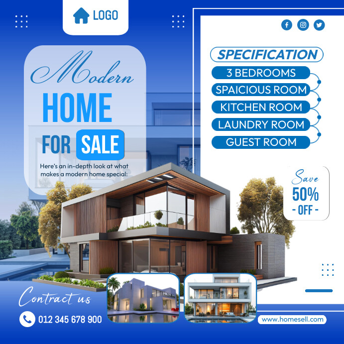 Blue Modern & Minimal Real Estate Home For Sa Template | PosterMyWall