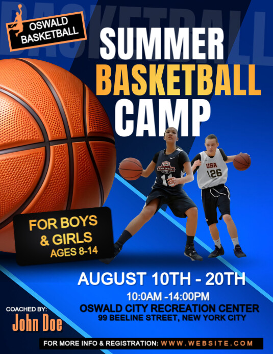 Blue Modern & Minimal Summer Basketball Camp  Flyer (us Letter) template