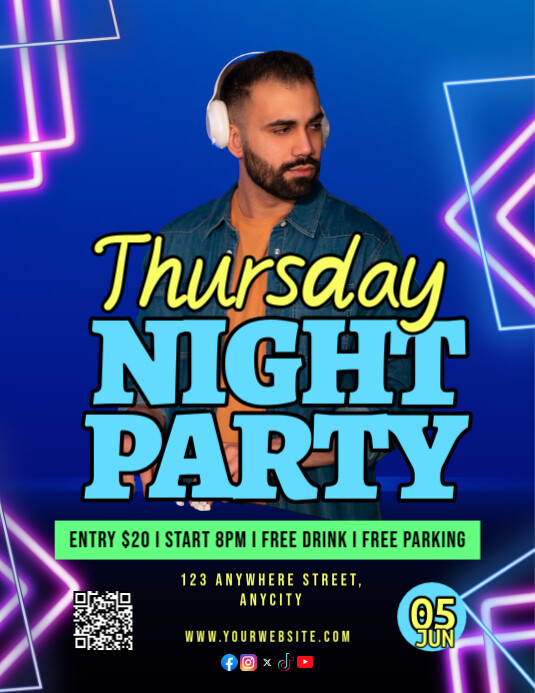 Blue Modern & Minimal Thursday Night Party Pamflet (letter As) Template ...