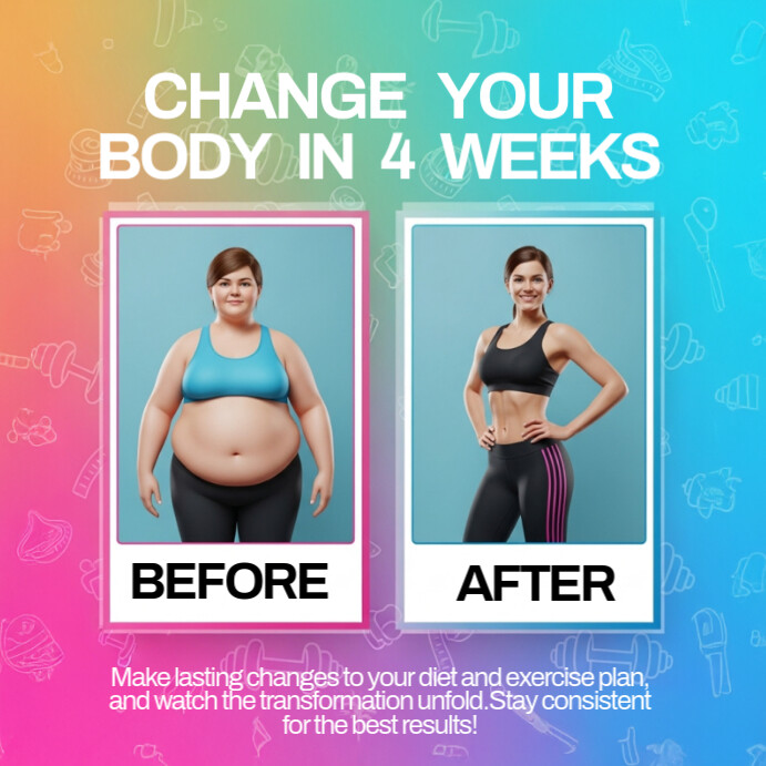 Blue Modern & Minimal  Weight Loss Transformation,  Instagram Post template