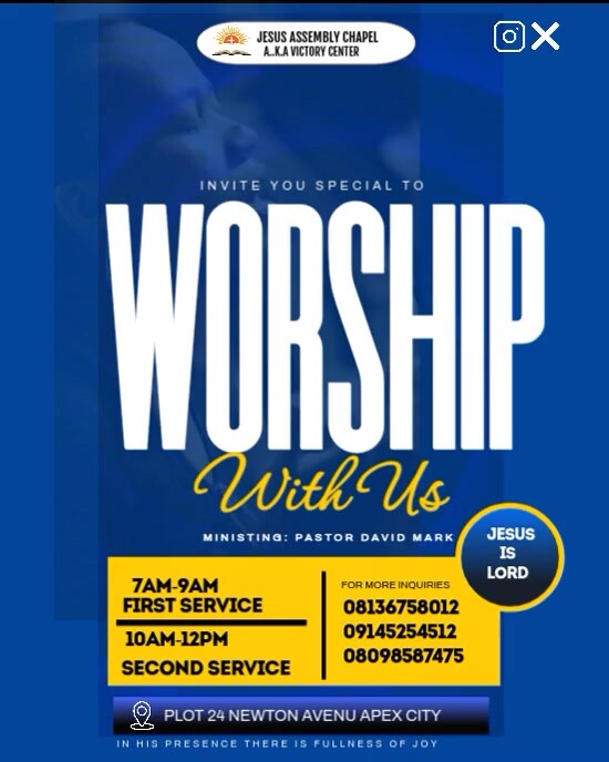 Blue Modern & Minimal Worship With Us Sunday Service Template Instagram Portrait