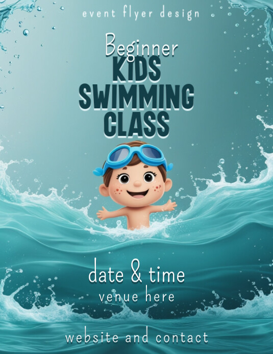 Blue Modern & Minimal Beginner Kids Swimming Class Flyer (us Letter) template