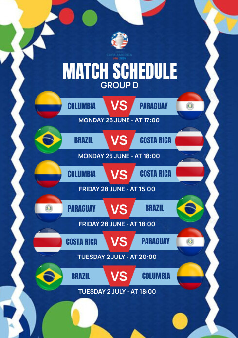 Blue Modern & Minimal Copa America Match Sche A4 template