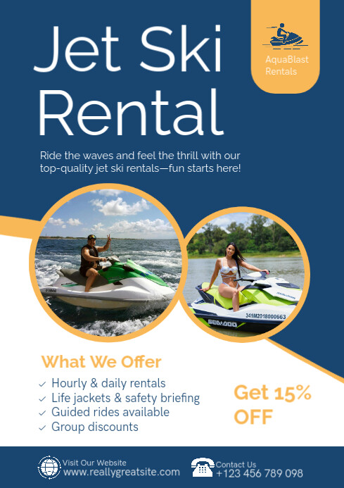 Blue Modern & Minimal Jet Ski Rental Services Advertisement Template A4