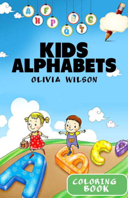 Blue Modern & Minimal Kids Alphabet Coloring Book Half Page Wide Szeroki pół strony template