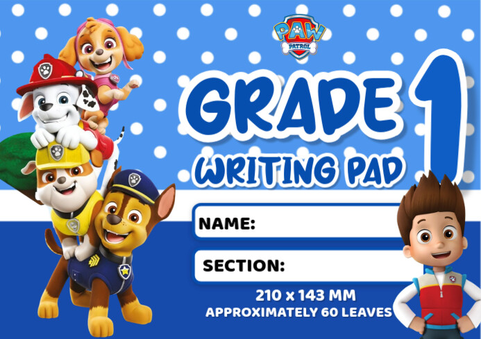 Blue Modern & Minimal Paw Patrol Grade 1 Writing Pad A4 template