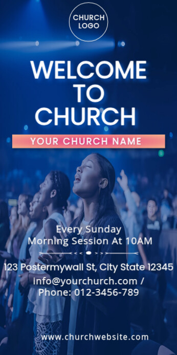 Blue Modern Church Welcome Roll-up Banner – Customizable Sunday Service Template Roll Up Banner 3' ×