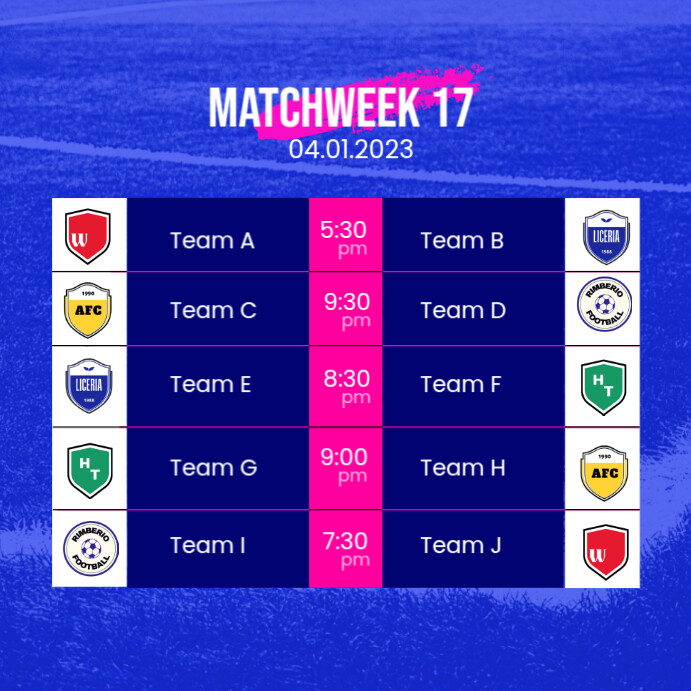 Blue Modern Football League Fixture Instagram Post Template | PosterMyWall