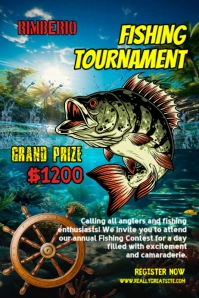 Blue Natural Maximalist Fishing Tournament Poster template