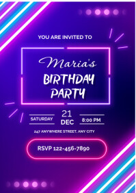 Blue Neon Birthday Party  A3 template