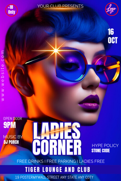 Blue Neon Ladies Corner Party Flyer Pinterest template