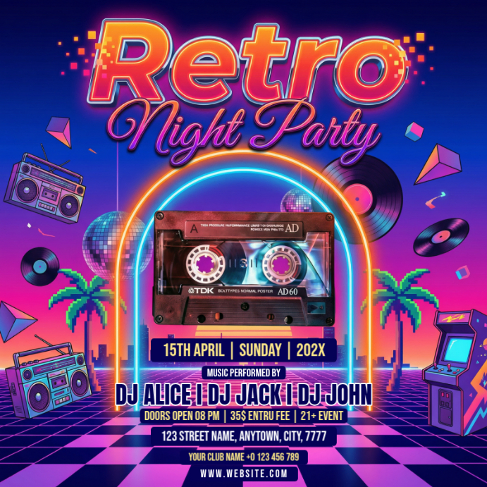 Blue Neon Retro Night Party Instagram Post Template | PosterMyWall