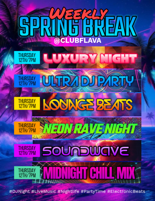 Blue Neon Spring Break Party Flyer Template | PosterMyWall