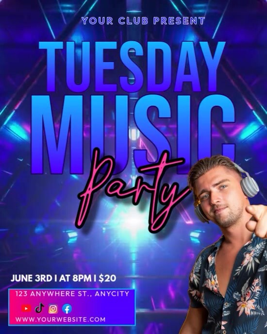 Modèle Blue Neon Tuesday Music Party Instagram Portrait | PosterMyWall