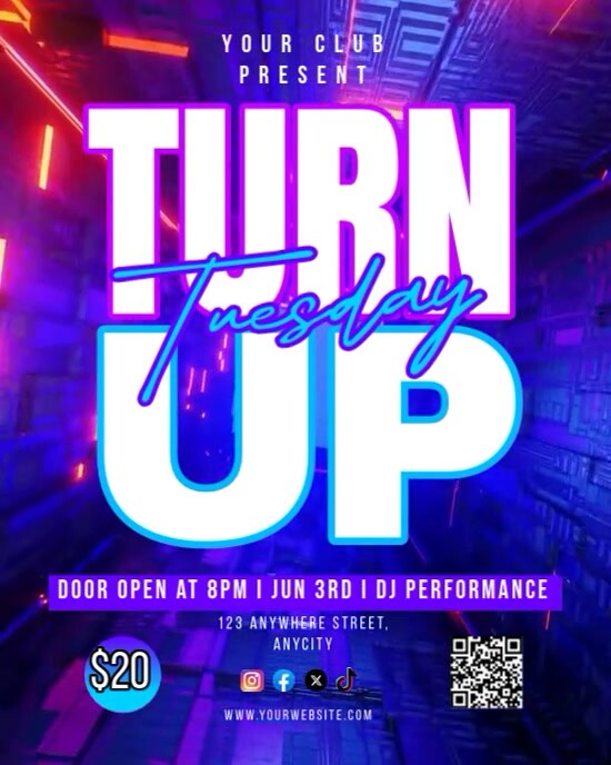 Blue Neon Turn Up Tuesday Instagram Portrait template