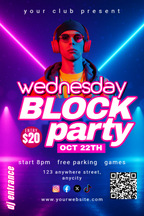 Blue Neon Wednesday Block Party Poster Template | PosterMyWall