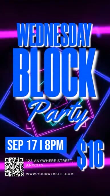 Blue Neon Wednesday Block Party Reel Instagram Template | PosterMyWall