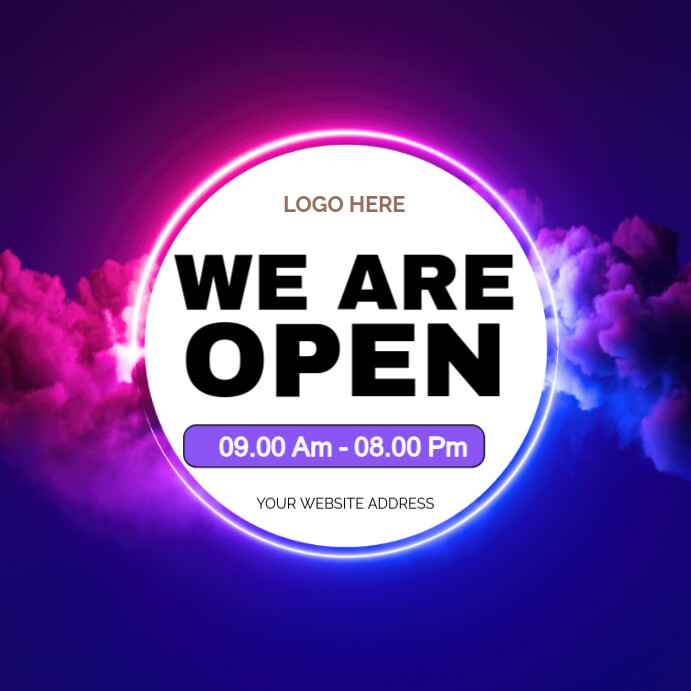 Blue Neon Yes We Are Open Now Posters Instagram Post Template ...