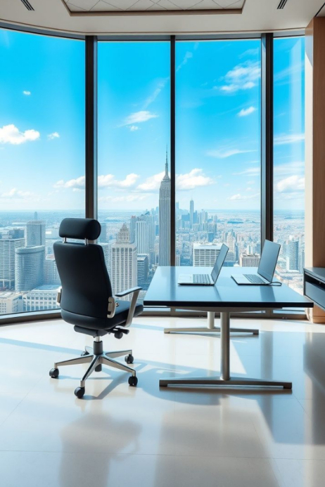 Blue Office Workspace Poster. “Modern Executive Office with City ...