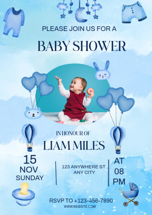 Blue Pastel Baby Shower Invitation A4 Template | PosterMyWall