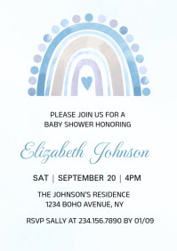 Blue Pastel Boho Rainbow Baby Shower Invitation Template  A4