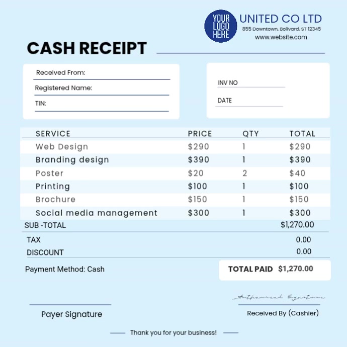 Blue Professional Cash Receipt Instagram Post Video Template | PosterMyWall