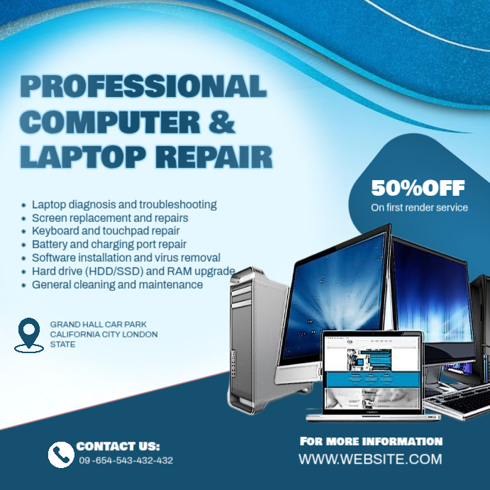 Blue Professional Computer And Laptop Repair Template Design Instagram ...