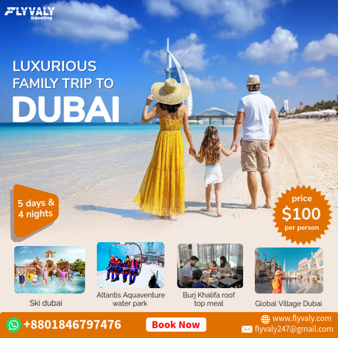 Blue Professional Dubai Family Tour Package Poster Design Template Instagram Post