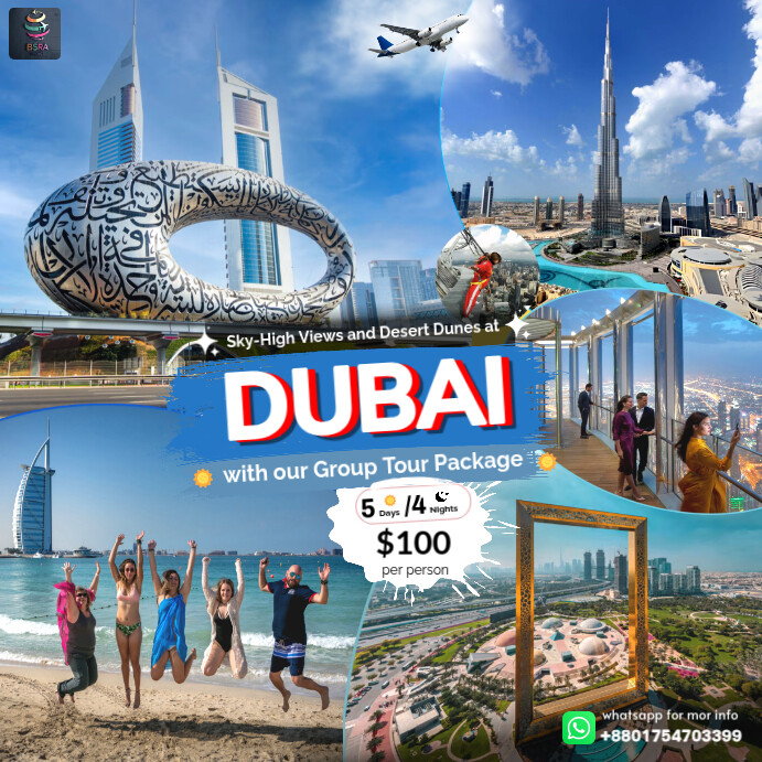 Blue Professional Dubai Group Tour Package Poster  Instagram Post template