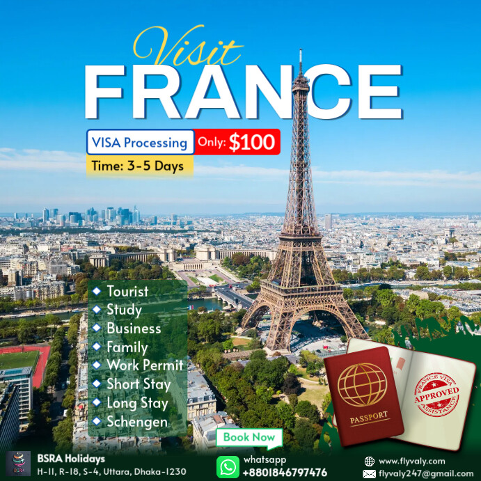 Blue Professional France Visa Processing Ads  Instagram Post template