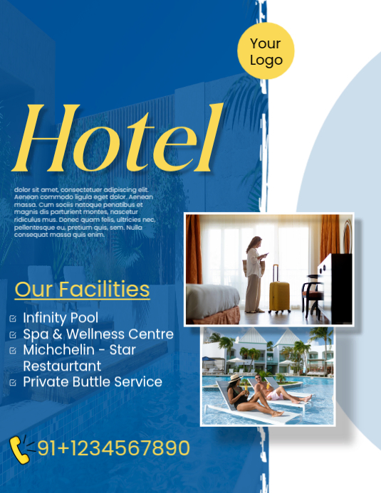 Blue Professional Hotel Facilities Flyer Template | PosterMyWall